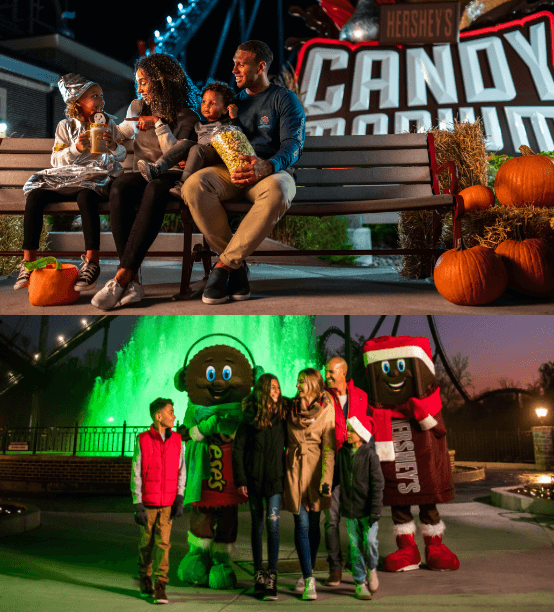Families enjoying Hersheypark for Halloween and Christmas